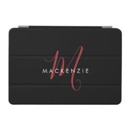 Elegant Modern Black Red Script Monogram iPad Mini Cover