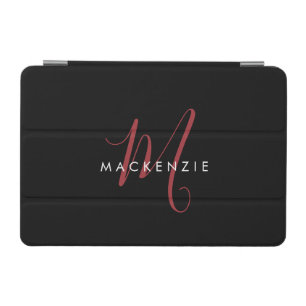 Elegant Modern Black Red Script Monogram iPad Mini Cover