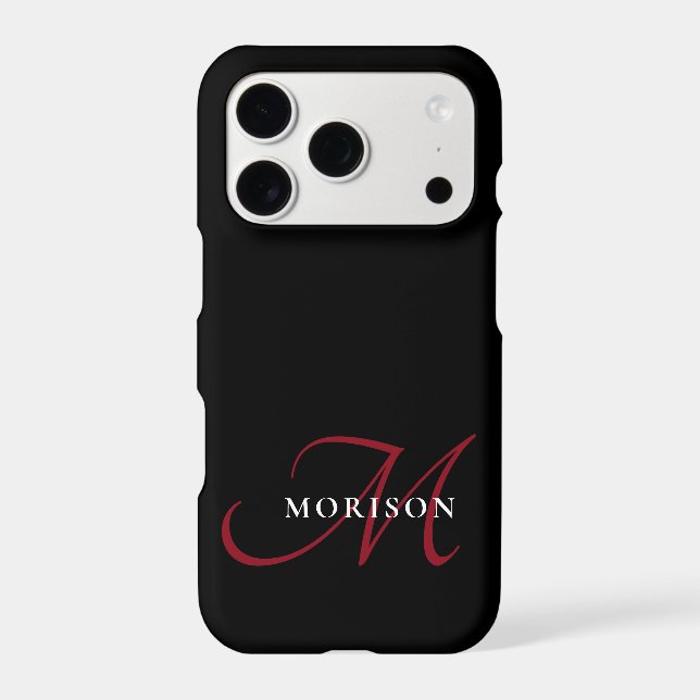 Elegant Modern Black Red Script Monogram Iphone Case (Back)
