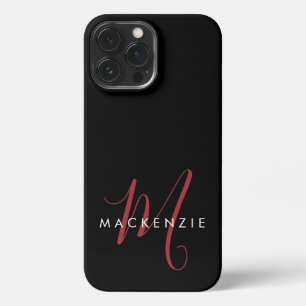 Elegant Modern Black Red Script Monogram iPhone 13 Pro Max Case