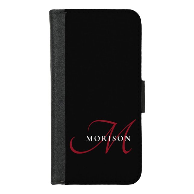 Elegant Modern Black Red Script Monogram iPhone Wallet Case (Front)