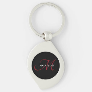Elegant Modern Black Red Script Monogram Keychain