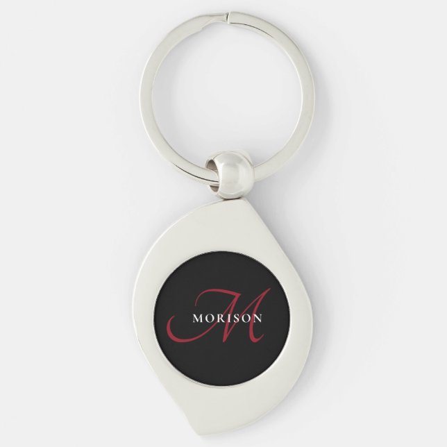 Elegant Modern Black Red Script Monogram Keychain (Front)