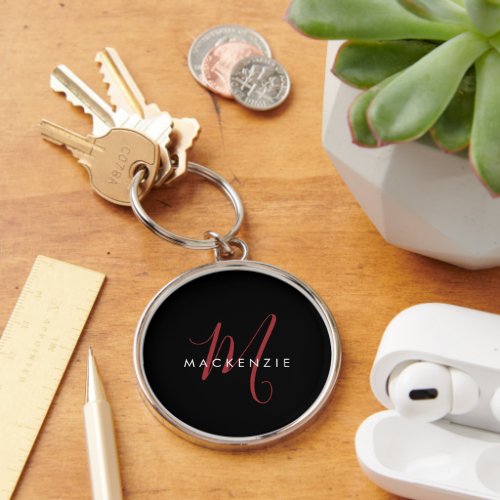 Elegant Modern Black Red Script Monogram Keychain