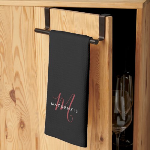 Elegant Modern Black Red Script Monogram Kitchen Towel