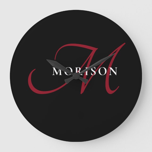 Elegant Modern Black Red Script Monogram Large Clock (Front)