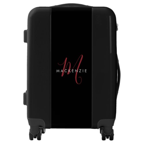 Elegant Modern Black Red Script Monogram Luggage