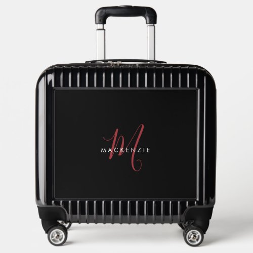 Elegant Modern Black Red Script Monogram Luggage