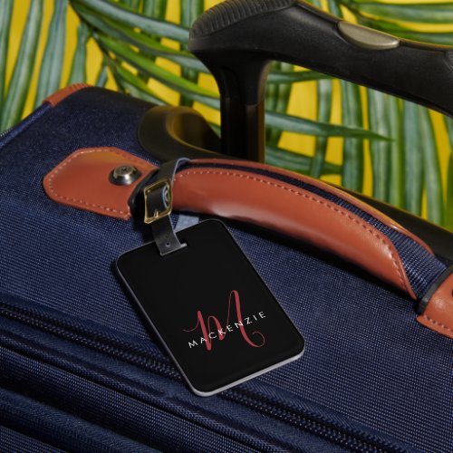 Elegant Modern Black Red Script Monogram Luggage Tag