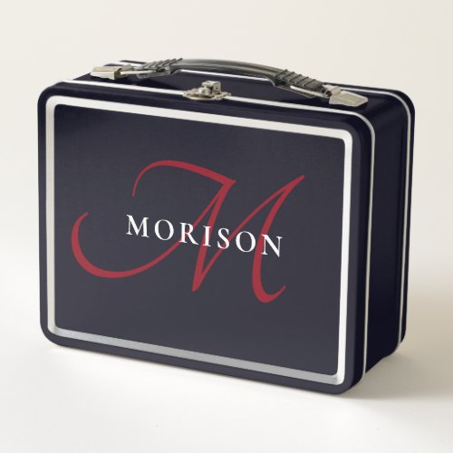 Elegant Modern Black Red Script Monogram Metal Lunch Box