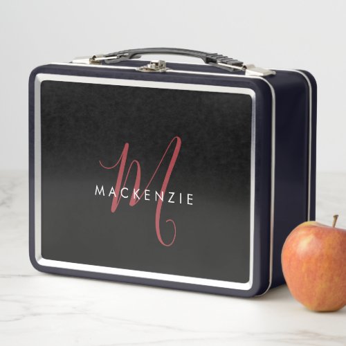 Elegant Modern Black Red Script Monogram Metal Lunch Box