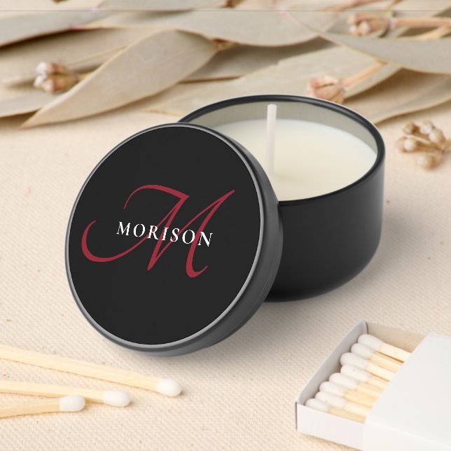 Elegant Modern Black Red Script Monogram Mini Candle Favors (Insitu)
