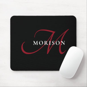 Elegant Modern Black Red Script Monogram Mouse Pad