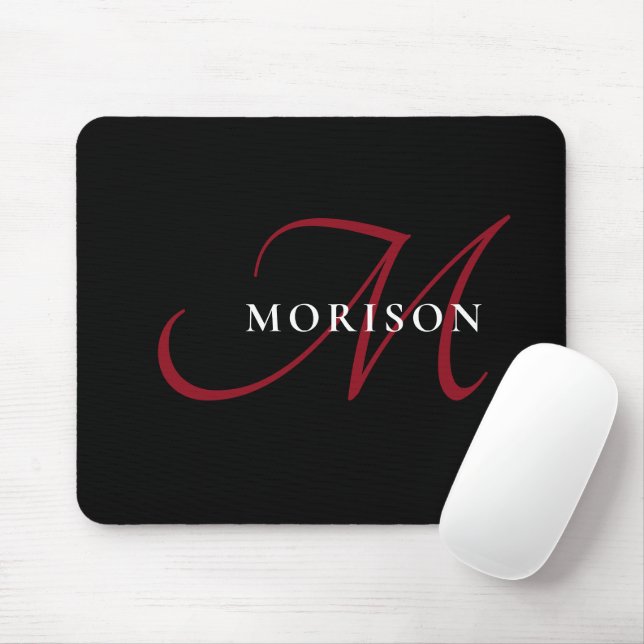 Elegant Modern Black Red Script Monogram Mouse Pad (With Mouse)