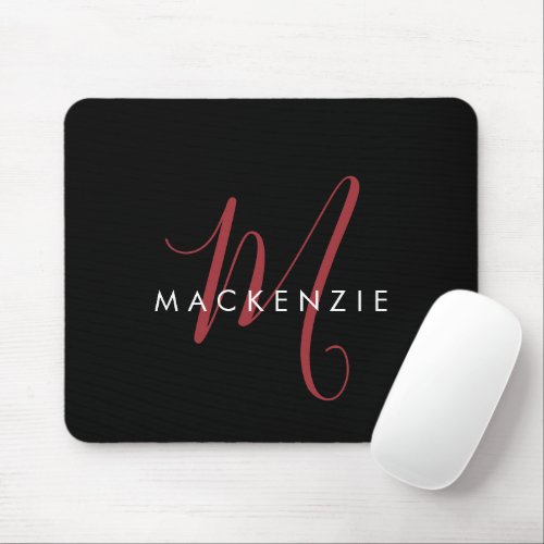 Elegant Modern Black Red Script Monogram Mouse Pad