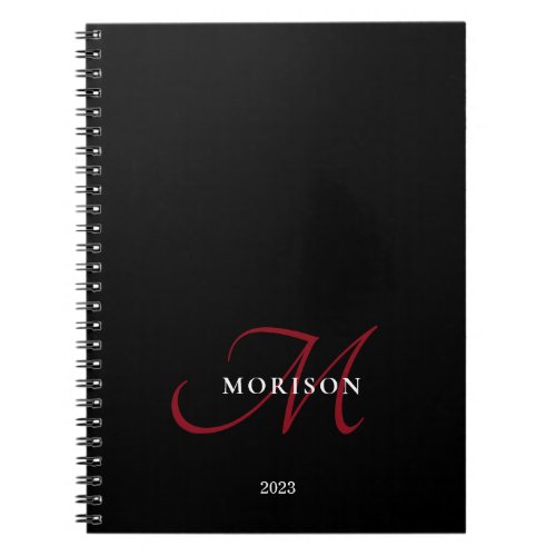 Elegant Modern Black Red Script Monogram Notebook