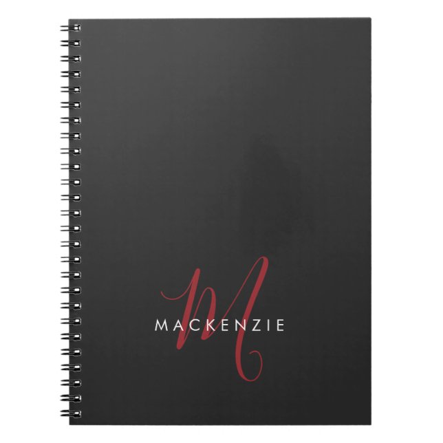 Elegant Modern Black Red Script Monogram Notebook (Front)