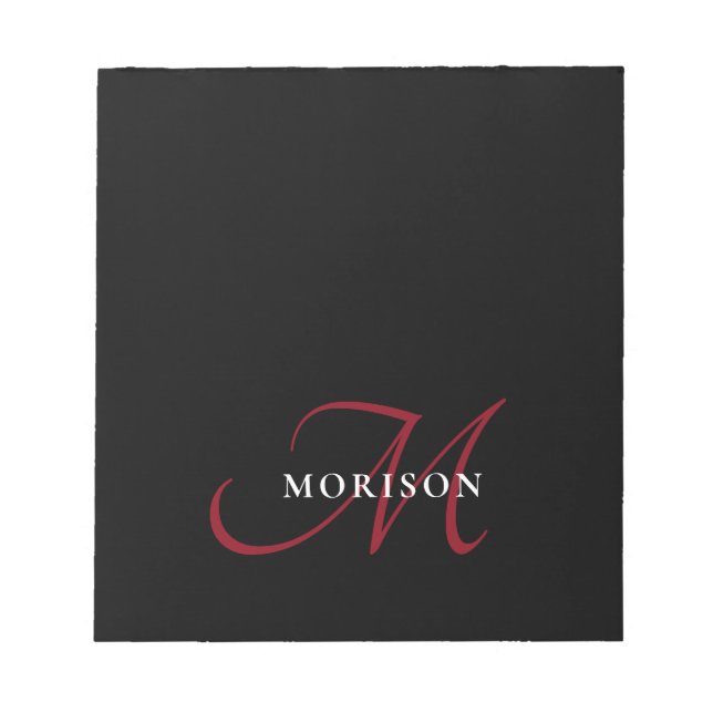 Elegant Modern Black Red Script Monogram Notepad (Front)