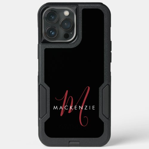 Elegant Modern Black Red Script Monogram iPhone 13 Pro Max Case