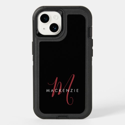 Elegant Modern Black Red Script Monogram OtterBox iPhone 14 Case