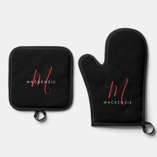 Elegant Modern Black Red Script Monogram Oven Mitt  Pot Holder Set