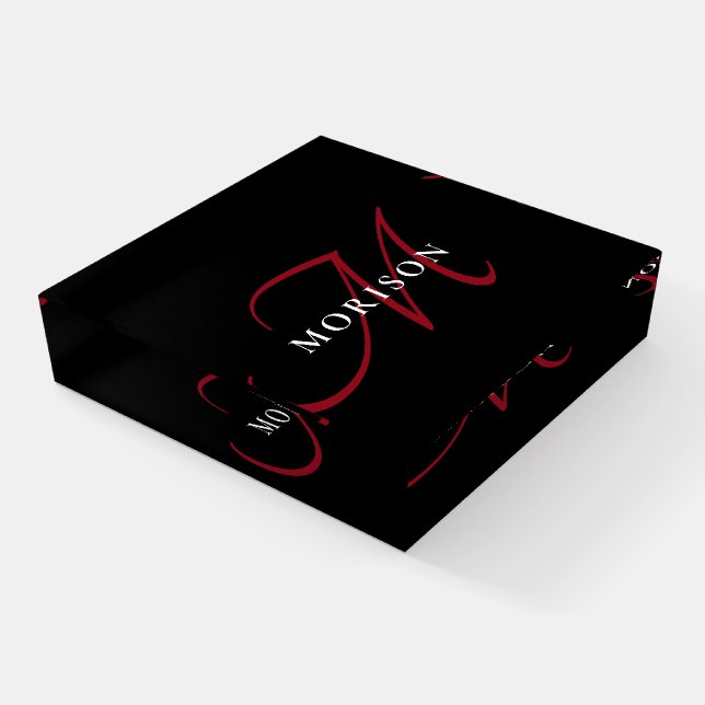 Elegant Modern Black Red Script Monogram Paperweight (Angled)
