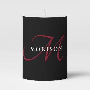 Elegant Modern Black Red Script Monogram Pillar Candle