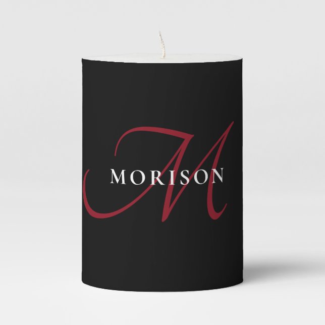 Elegant Modern Black Red Script Monogram Pillar Candle (Front)