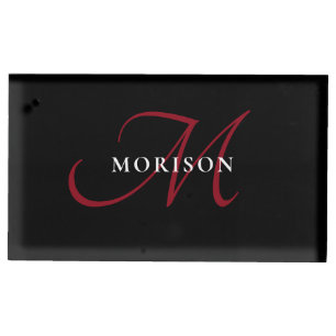 Elegant Modern Black Red Script Monogram Place Card Holder