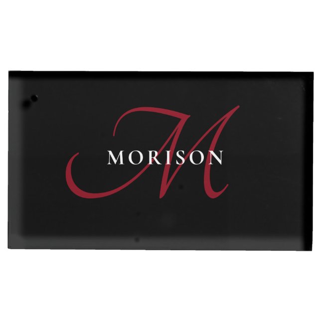 Elegant Modern Black Red Script Monogram Place Card Holder (Front)