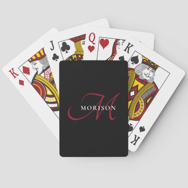 Elegant Modern Black Red Script Monogram Poker Cards (Back)
