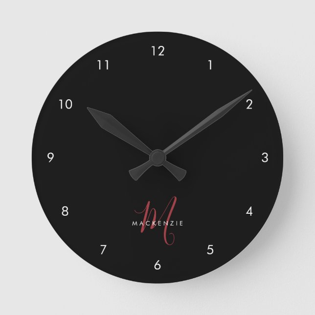 Elegant Modern Black Red Script Monogram Round Clock (Front)