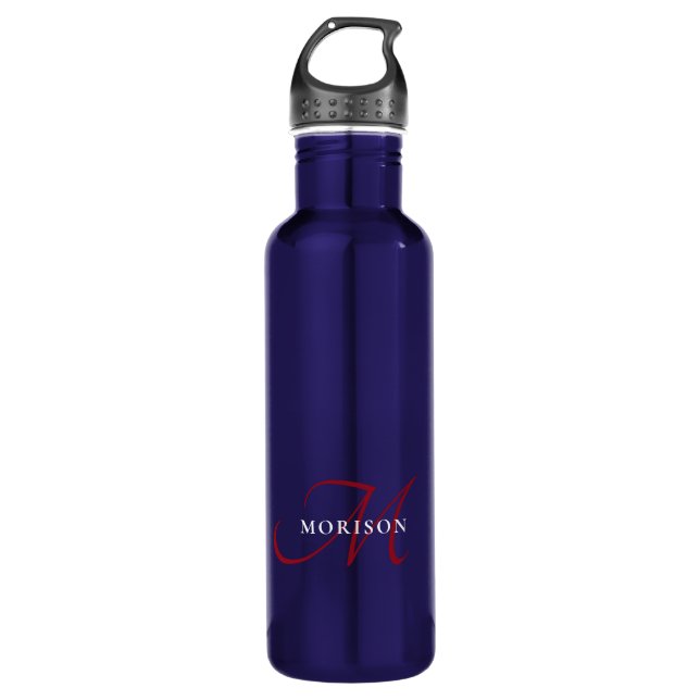 Elegant Modern Black Red Script Monogram Stainless Steel Water Bottle (Front)
