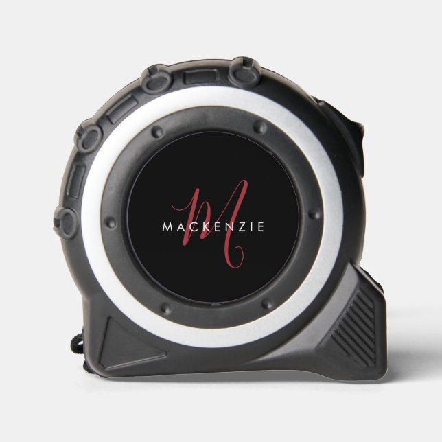 Elegant Modern Black Red Script Monogram Tape Measure (Front)
