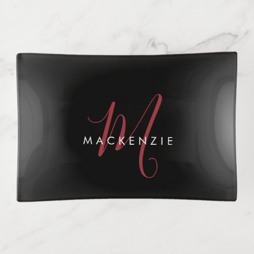 Elegant Modern Black Red Script Monogram Trinket Tray