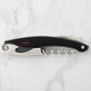 Elegant Modern Black Red Script Monogram Waiter's Corkscrew