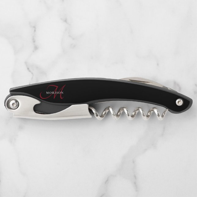 Elegant Modern Black Red Script Monogram Waiter's Corkscrew (Front)