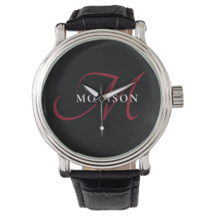 Elegant Modern Black Red Script Monogram Watch