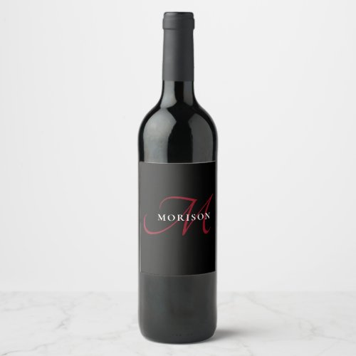 Elegant Modern Black Red Script Monogram Wine Label