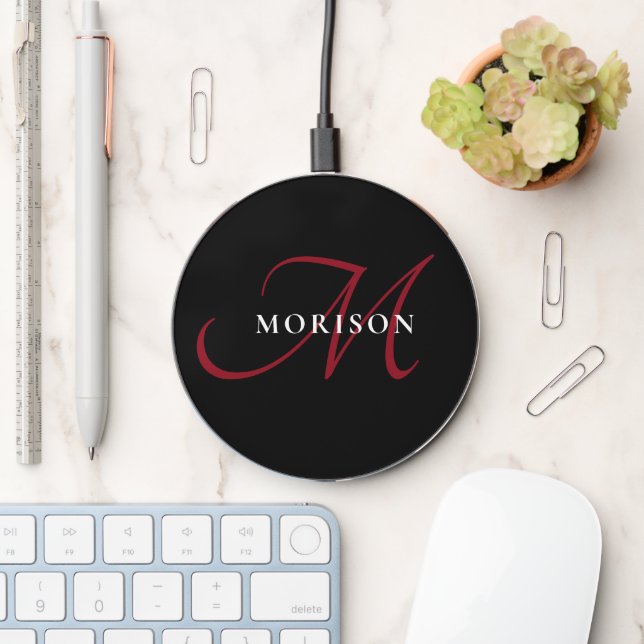 Elegant Modern Black Red Script Monogram Wireless Charger (Desk)