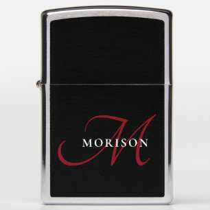 Elegant Modern Black Red Script Monogram Zippo Lighter