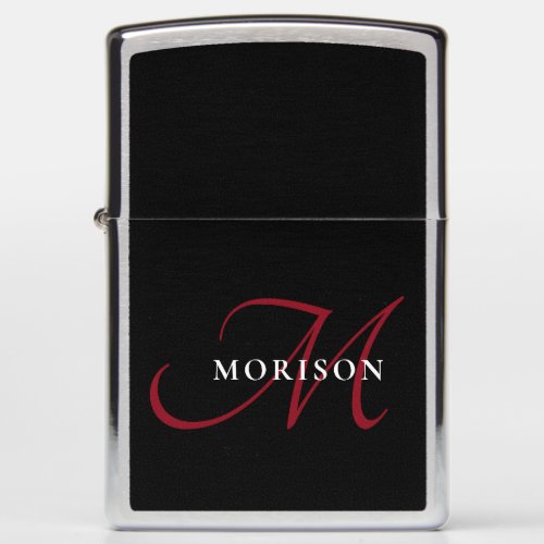 Elegant Modern Black Red Script Monogram Zippo Lighter