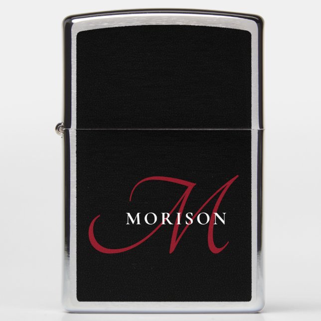 Elegant Modern Black Red Script Monogram Zippo Lighter (Front)
