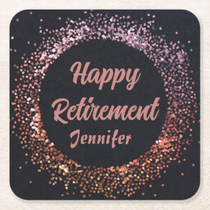 Elegant Modern Black Rose Gold Happy Retirement Square Paper Coaster