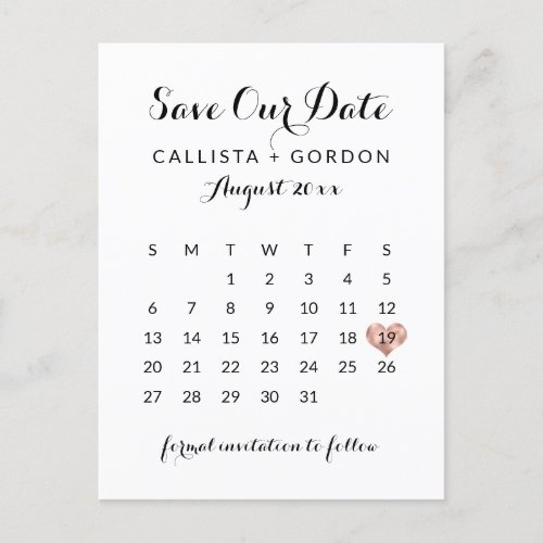 Elegant Modern Black Rose Gold Heart Calendar Announcement Postcard