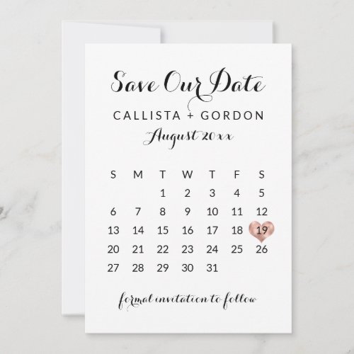 Elegant Modern Black Rose Gold Heart Calendar Save The Date