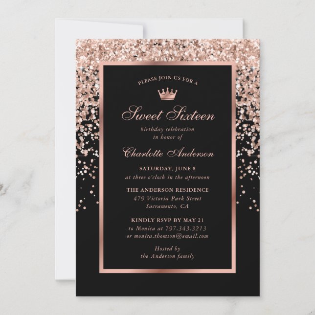 Elegant Modern Black Rose Gold Sweet 16 Birthday Invitation (Front)