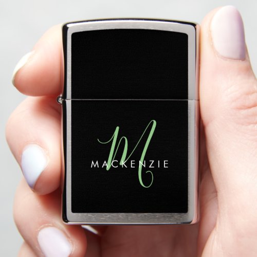 Elegant Modern Black Sage Green Script Monogram Zippo Lighter