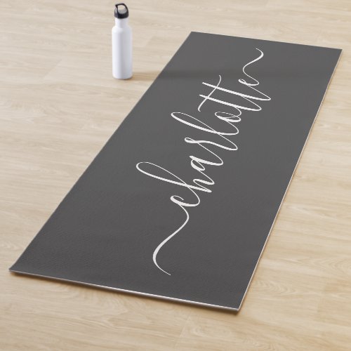 Elegant Modern Black Script Calligraphy Name Chic Yoga Mat