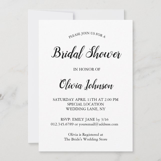 Elegant, Modern Black Script White Bridal Shower Invitation (Front)